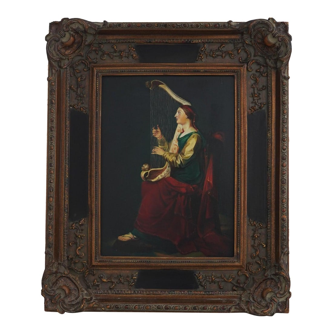 Artist Signed Framed Oil Painting Woman with Harp French Style 20 x 25: Artist Signed Framed Oil Painting Woman with Harp French Style 20 x 25 This exquisite oil painting on board features a beautifully rendered woman with a harp, showcasing intricate carved details in a
