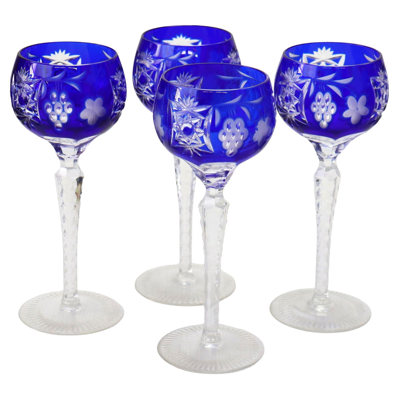 Set of 4 Bohemian Cobalt Blue Cut to Clear Wine Goblets with Floral Grape Motif (1 of 6)