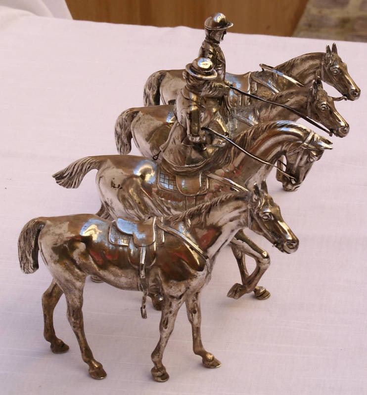 Exquisite 4 Piece German Sterling Silver Horse Rider Miniatures SET OF 1900: Exquisite 4 Piece German Sterling Silver Horse Rider Miniatures SET OF 1900 Discover this exquisite four-piece set of German sterling silver miniatures from the early 1900s, featuring finely crafted f