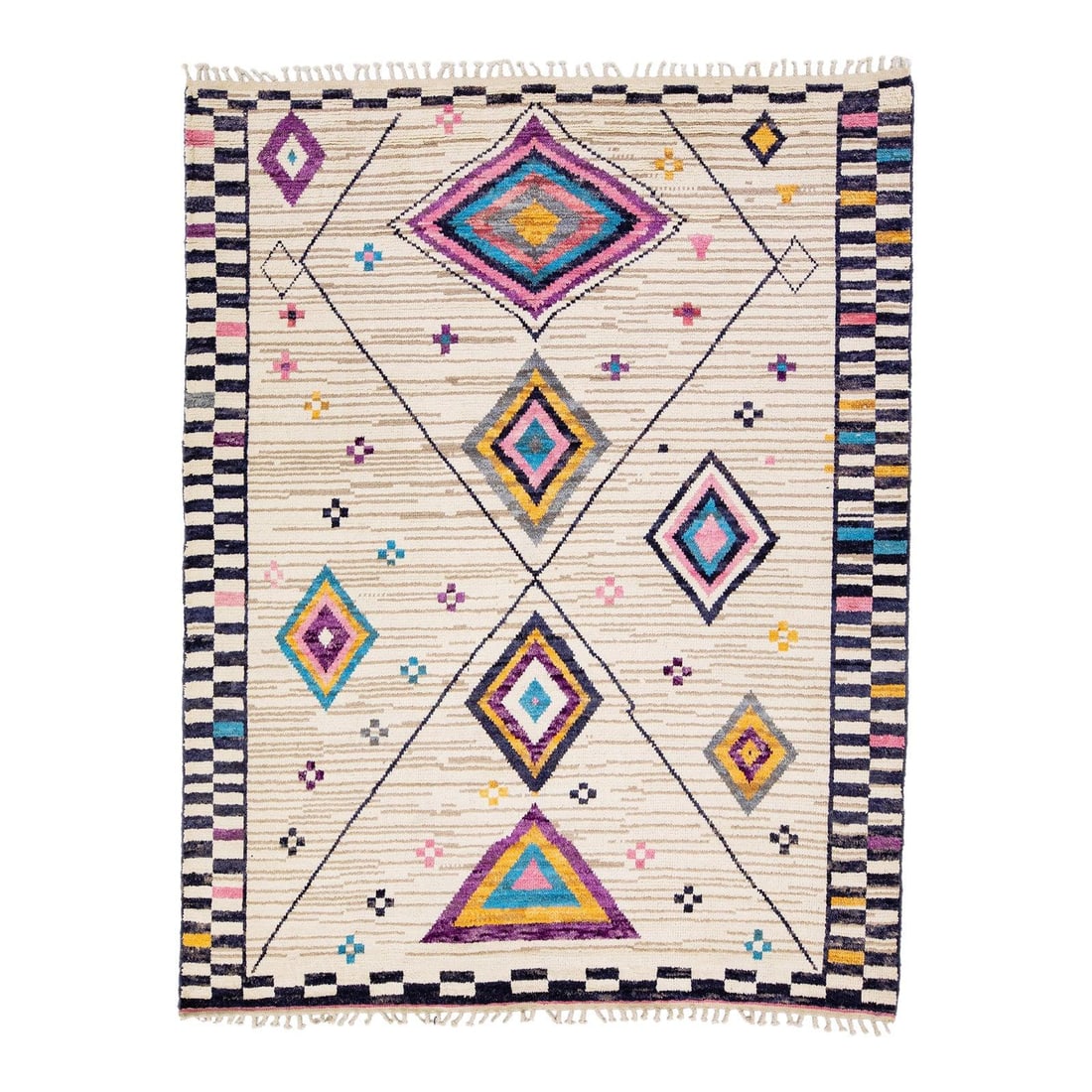 Handmade Multicolor Tribal Wool Rug 8'4 x 10'7 Moroccan Style: Handmade Multicolor Tribal Wool Rug 8'4 x 10'7 Moroccan Style This stunning modern Moroccan-style hand-knotted wool rug features a beautiful beige field adorned with multicolor accents in a striking t