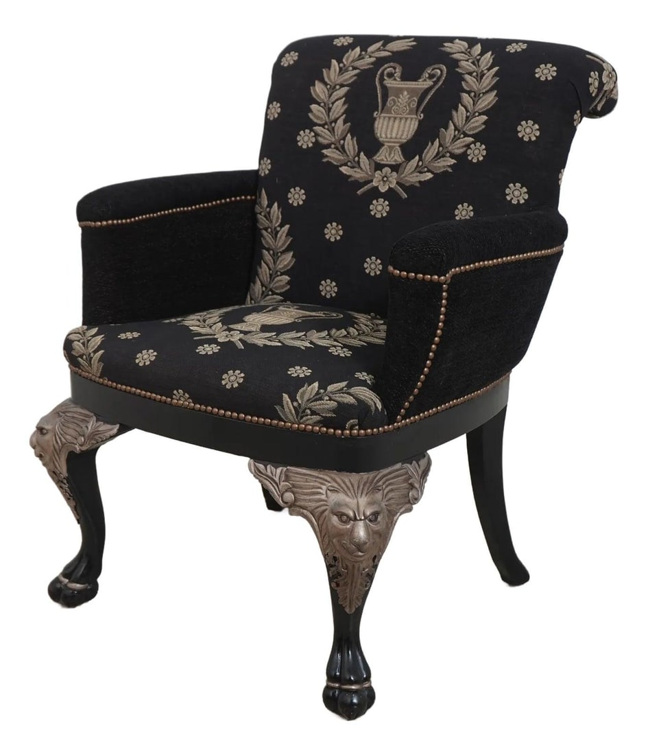 Ferguson Copeland Regency Lion Mask Upholstery Chair Black Silver Finish: Ferguson Copeland Regency Lion Mask Upholstery Chair Black Silver Finish Experience timeless elegance with this Ferguson Copeland Lion Mask Clawfoot Upholstery Chair. Crafted approximately 20 years ag