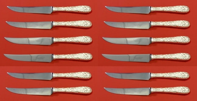 Kirk Repousse Sterling Silver Steak Knife Set 12 pcs 8.5 inches (1 of 4)