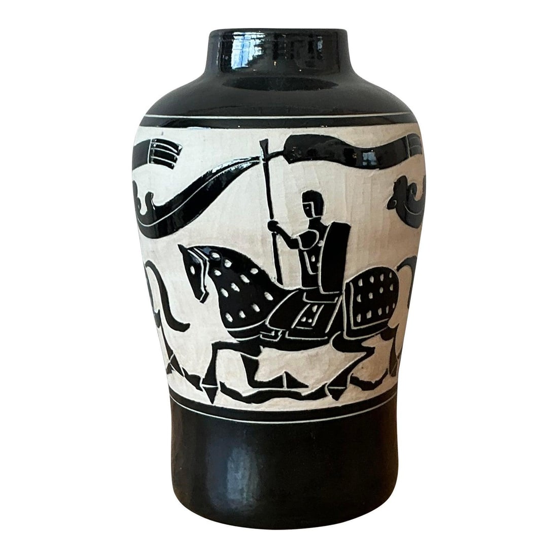 Hand-Painted Ceramic Vase with Abstract Folk Art Bohemian Design 11": Hand-Painted Ceramic Vase with Abstract Folk Art Bohemian Design 11" This vintage Boho hand-painted ceramic vase features a striking abstract folk art design in black and off-white tones, adorned with