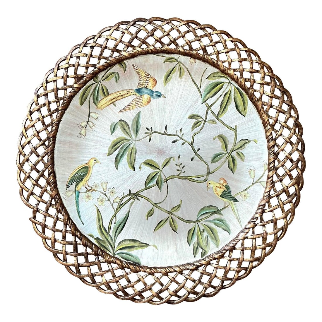 Hollywood Regency Decorative Wall Plate With Gold Woven Frame and Bird Motif: Hollywood Regency Decorative Wall Plate With Gold Woven Frame and Bird Motif This vintage Hollywood Regency decorative wall plate by Castilian Imports features a gold woven-effect frame surrounding a