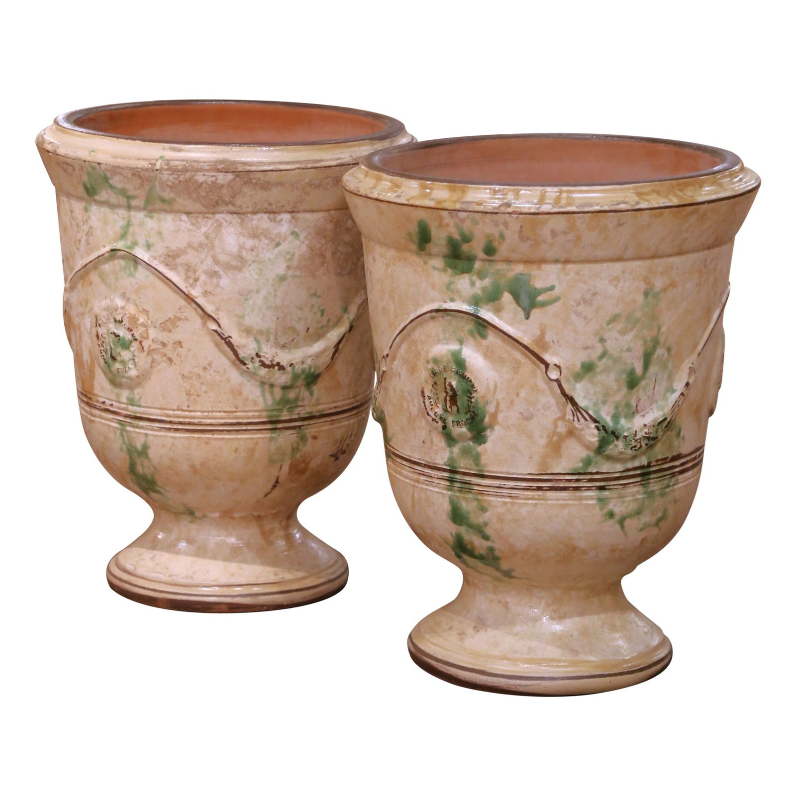 Set of 2 Anduze Style French Glazed Terracotta Garden Urns by Terre Figuiere: Set of 2 Anduze Style French Glazed Terracotta Garden Urns by Terre Figuiere This pair of French Anduze garden vases is crafted from glazed terracotta, following traditional Neoclassical forms from th