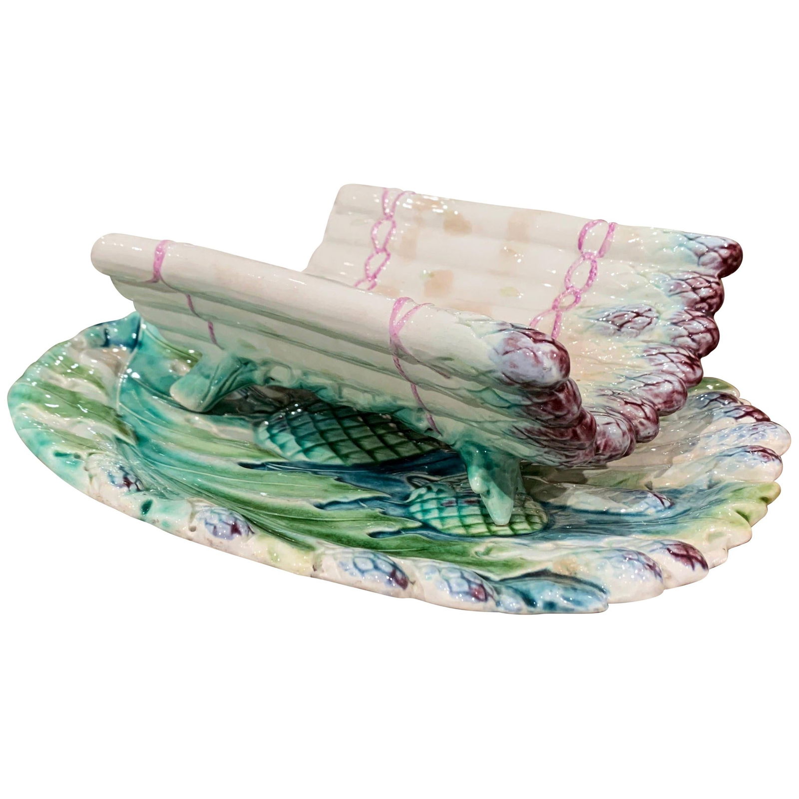 Luneville 20th Century Hand-Painted Majolica Asparagus Dish Set: Luneville 20th Century Hand-Painted Majolica Asparagus Dish Set Elevate your dining experience with this exquisite early 20th-century French painted barbotine asparagus dish, crafted in Luneville, Fra