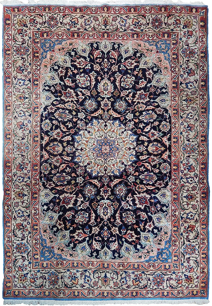 7.5 x 10.4 Navy Blue Semi-Antique Persian Esfahan Rug Handwoven Wool (1 of 7)