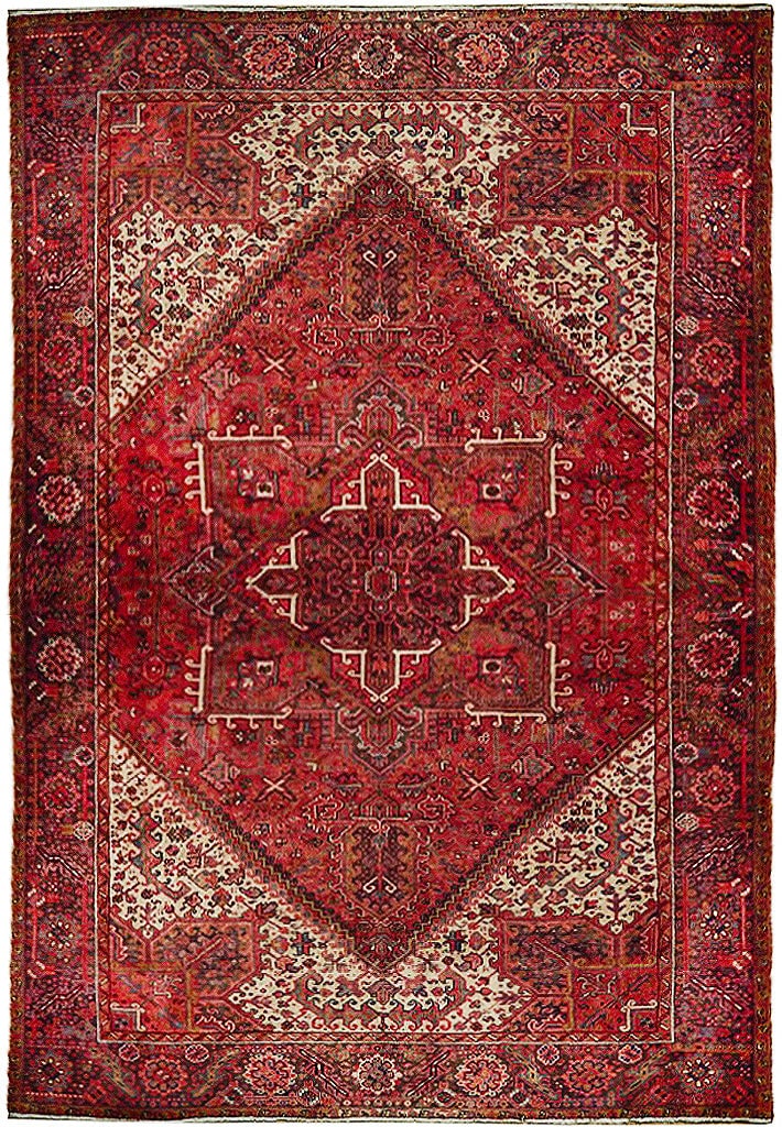 10'2 x 12'9 Semi-Antique Handmade Persian Heriz Rug Red Wool: 10'2 x 12'9 Semi-Antique Handmade Persian Heriz Rug Red Wool Free continental US Shipping Elevate your living space with this captivating 10'2" x 12'9" Semi-Antique Handmade Persian Heriz Rug, a true