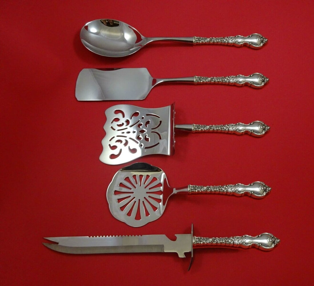 International Sterling Silver Du Barry 5pc Brunch Serving Set: International Sterling Silver Du Barry 5pc Brunch Serving Set Elevate your brunch gatherings with the Du Barry five-piece serving set crafted by International Sterling. This exquisite hostess set feat