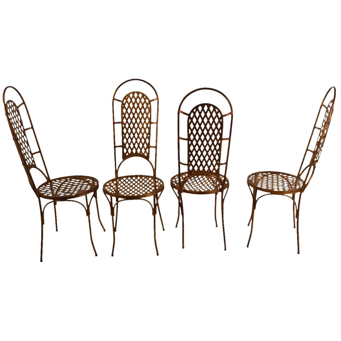 Elegant Set of Four Gold Tone Iron Dining Chairs: Elegant Set of Four Gold Tone Iron Dining Chairs Enhance your dining experience with this elegant set of four armless high back cafe style dining chairs. Featuring a stunning gold tone finish over a s