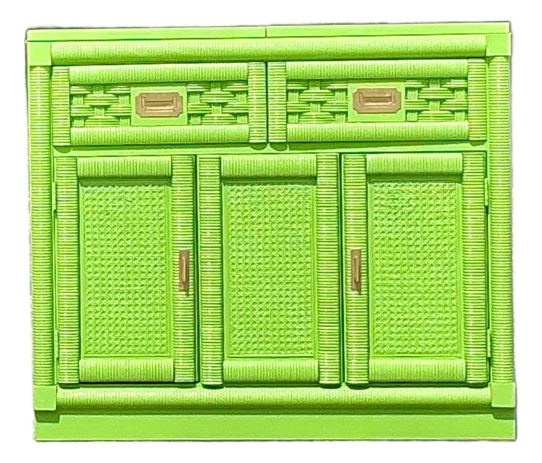 Vintage Coastal Lexington Green Lacquered Rattan Dry Bar with Brass Hardware: Vintage Coastal Lexington Green Lacquered Rattan Dry Bar with Brass Hardware Enhance your entertaining space with this Vintage Coastal Lexington Lacquered Rattan Dry Bar. This striking piece features