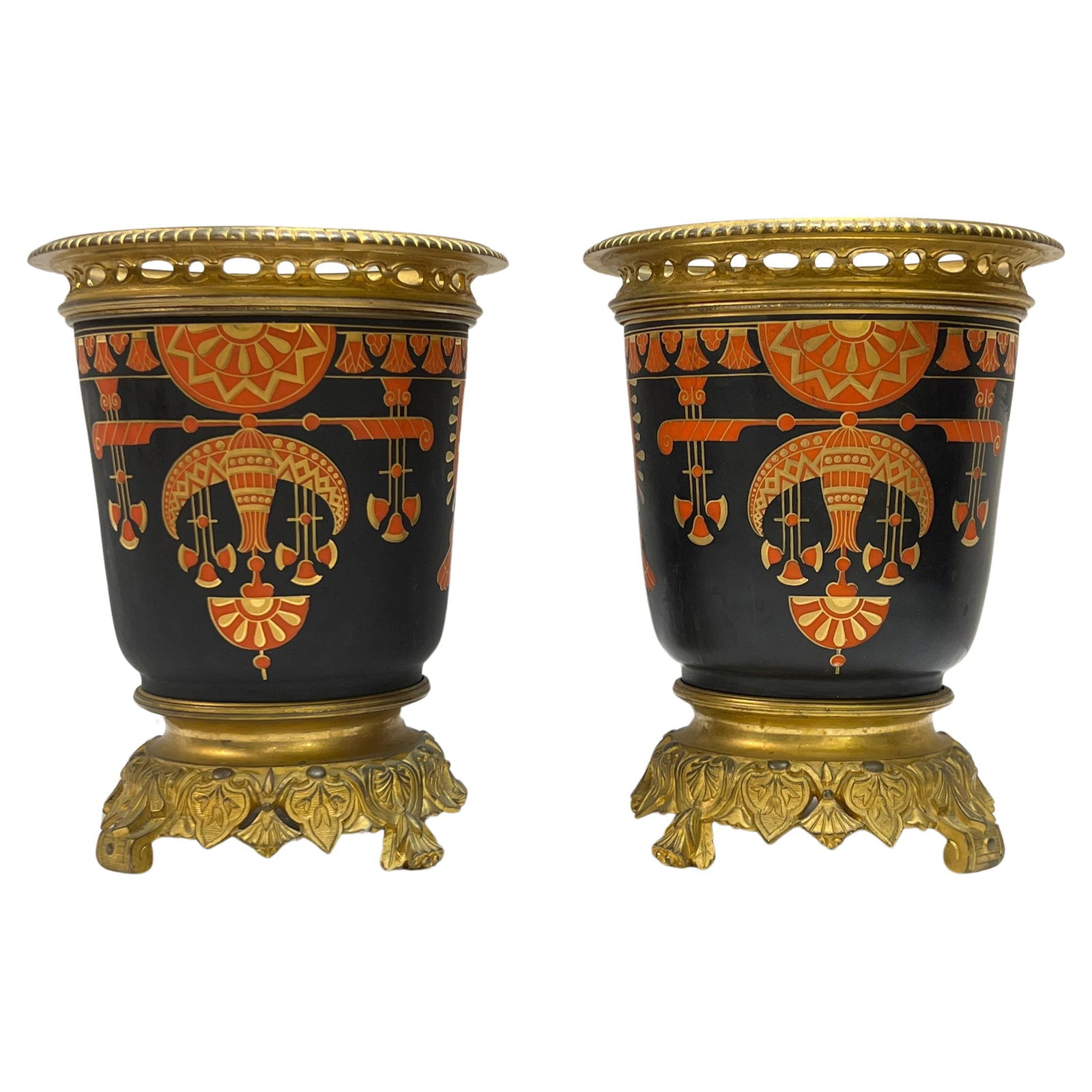Set of Two Late 19th Century French Gilt Bronze Egyptian Style Vases: Set of Two Late 19th Century French Gilt Bronze Egyptian Style Vases This pair of late 19th century French gilt bronze vases, also known as cachepots, showcases the French Empire style and features co