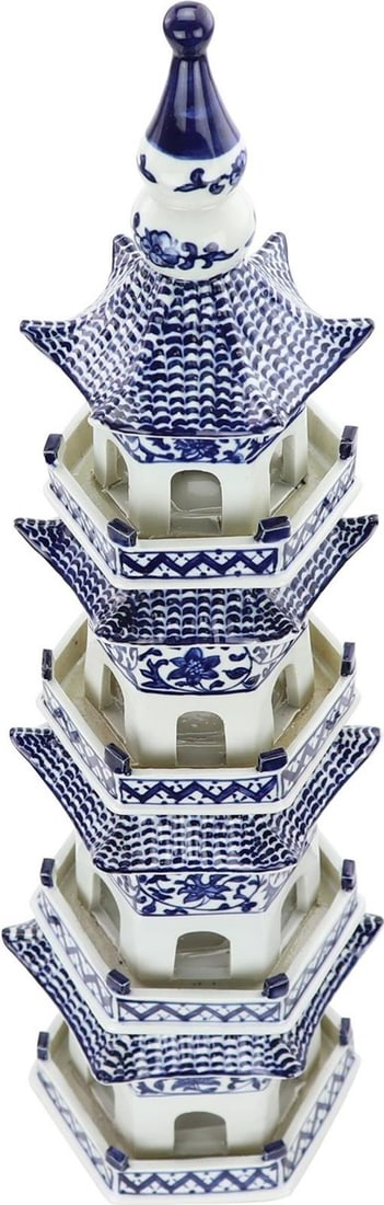 Handmade 5-Tier Blue White Ceramic Pagoda Sculpture (1 of 6)
