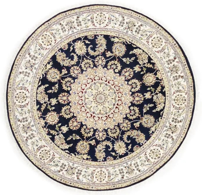 Hand-Knotted Indo-Nain Round Rug 6'1 x 6'2 Floral Wool & Silk Modern Design: Hand-Knotted Indo-Nain Round Rug 6'1 x 6'2 Floral Wool & Silk Modern Design Enhance your living space with this exquisite Hand-Knotted Indo-Nain Round Rug, measuring 6'1" x 6'2". Crafted from a blend