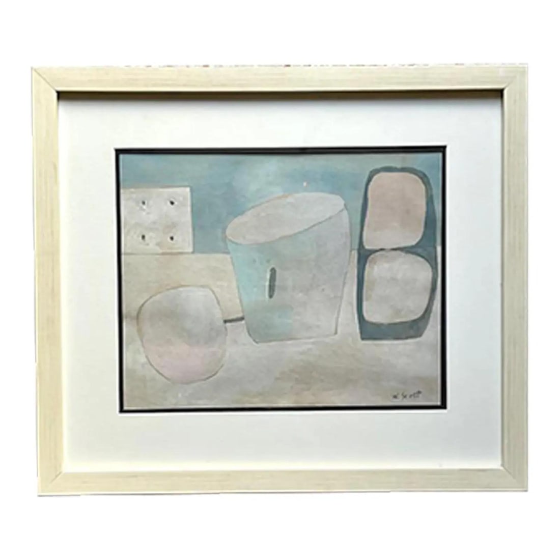 Signed Abstract Watercolor Art in Pastel Tones with Vintage Framing: Signed Abstract Watercolor Art in Pastel Tones with Vintage Framing This vintage abstract pastel watercolor painting features a soothing blend of baby blue, gray, and muted white tones, creating an el