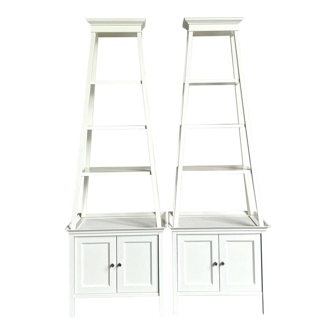 Pair of White Hollywood Regency Lacquered Stacked Etageres with Cabinets: Pair of White Hollywood Regency Lacquered Stacked Etageres with Cabinets This pair of vintage Hollywood Regency stacked etageres features a pristine white lacquer finish and a distinctive stacked desi