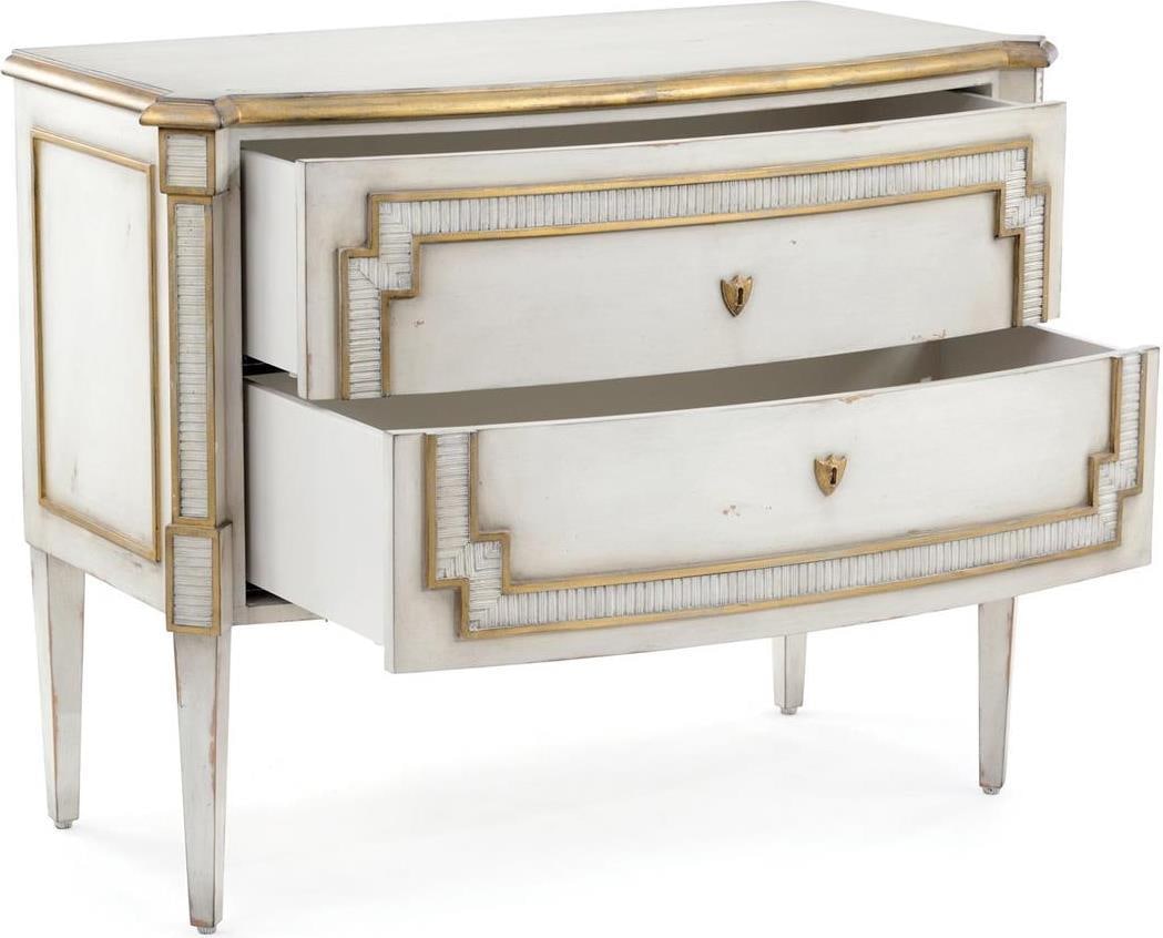 John-Richard Corsini Cream Nightstand with Gold Accents: John-Richard Corsini Cream Nightstand with Gold Accents This elegant nightstand combines a sophisticated cream finish with exquisite gold detailing, embodying a timeless antique or vintage style. Desi