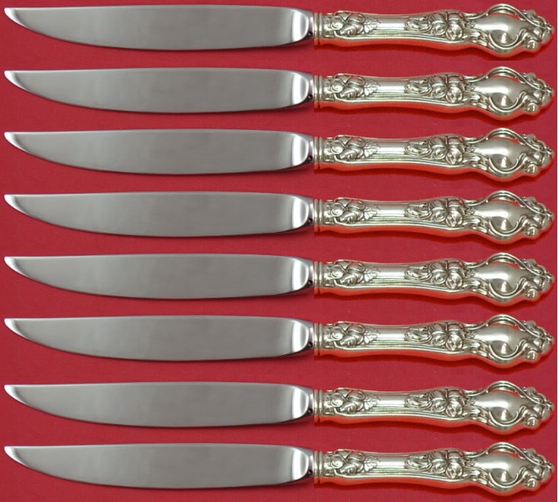 Violet by Wallace Sterling Silver 8pc Steak Knife Set Not Serrated: Violet by Wallace Sterling Silver 8pc Steak Knife Set Not Serrated Enhance your dining experience with this exquisite set of Violet by Wallace sterling silver steak knives. Crafted with a sterling sil