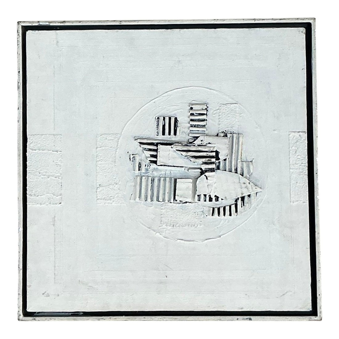 Abstract Mixed Media Canvas Art With Found Objects and Oil Paint: Abstract Mixed Media Canvas Art With Found Objects and Oil Paint This vintage abstract found object mixed media artwork is an original piece that combines oil painting on canvas with sculptural elemen