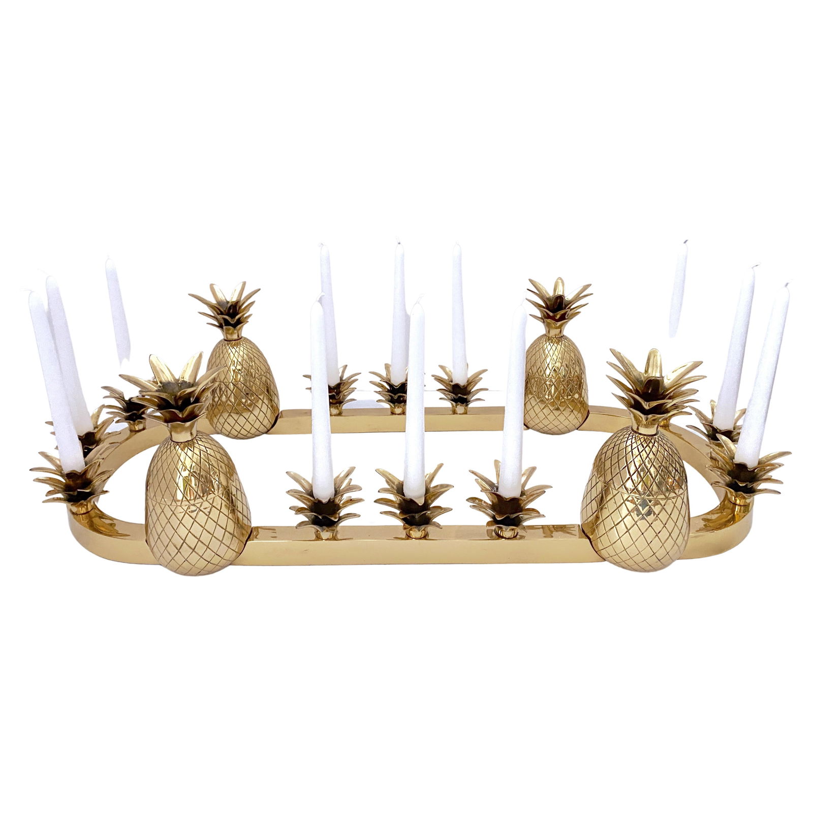 Mid-Century Brass Pineapple Candelabra Centerpiece with 12 Lights Spain 1970s: Mid-Century Brass Pineapple Candelabra Centerpiece with 12 Lights Spain 1970s This Sarreid brass 12-light pineapple candelabra centerpiece, also known as a "surtout de table," is a striking example of