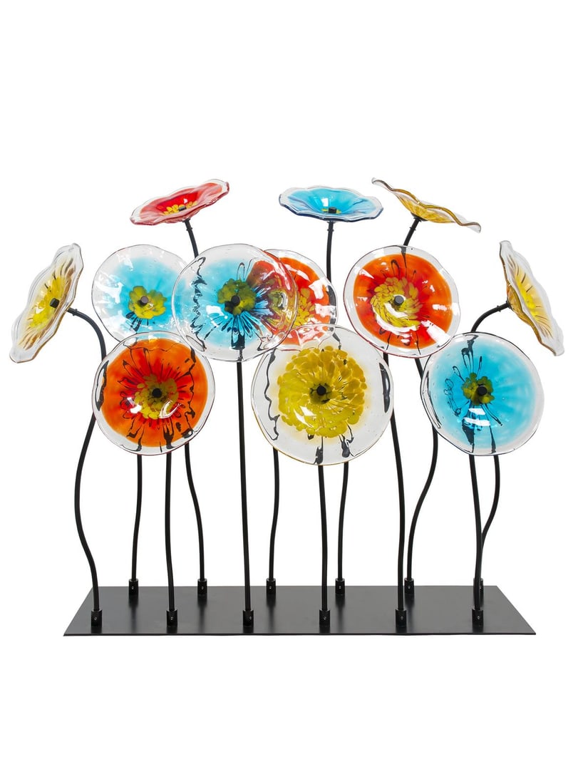 Dale Tiffany 12-Piece Colorful Flower Art Glass Sculpture: Dale Tiffany 12-Piece Colorful Flower Art Glass Sculpture This stunning 12-piece flower art sculpture embodies a vibrant garden theme, crafted with meticulous attention to detail in hand-crafted art g