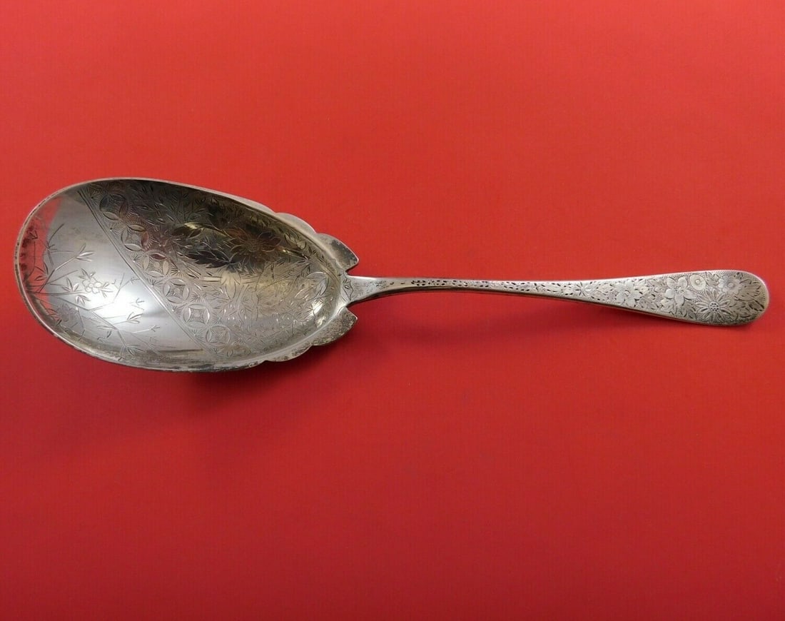 Ford Sterling Silver Berry Spoon Bright-Cut Floral Design 9.25 Inch (1 of 5)
