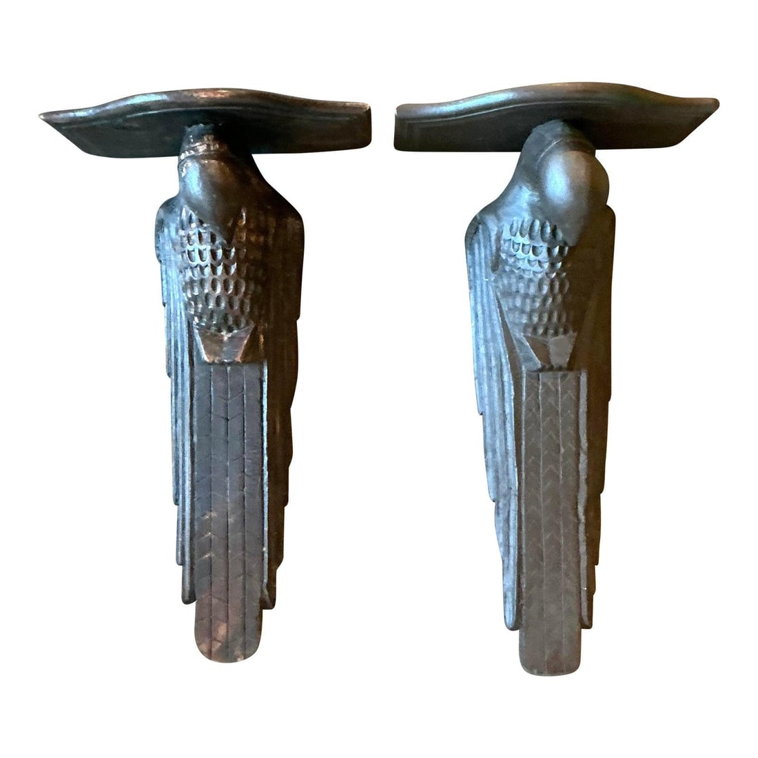 Vintage Set of 2 Hand Carved Falcon Brackets Art Decor: Vintage Set of 2 Hand Carved Falcon Brackets Art Decor Discover the captivating beauty of this Vintage Boho Hand Carved Falcon Brackets set. Each bracket is expertly crafted from rich dark wood, showc