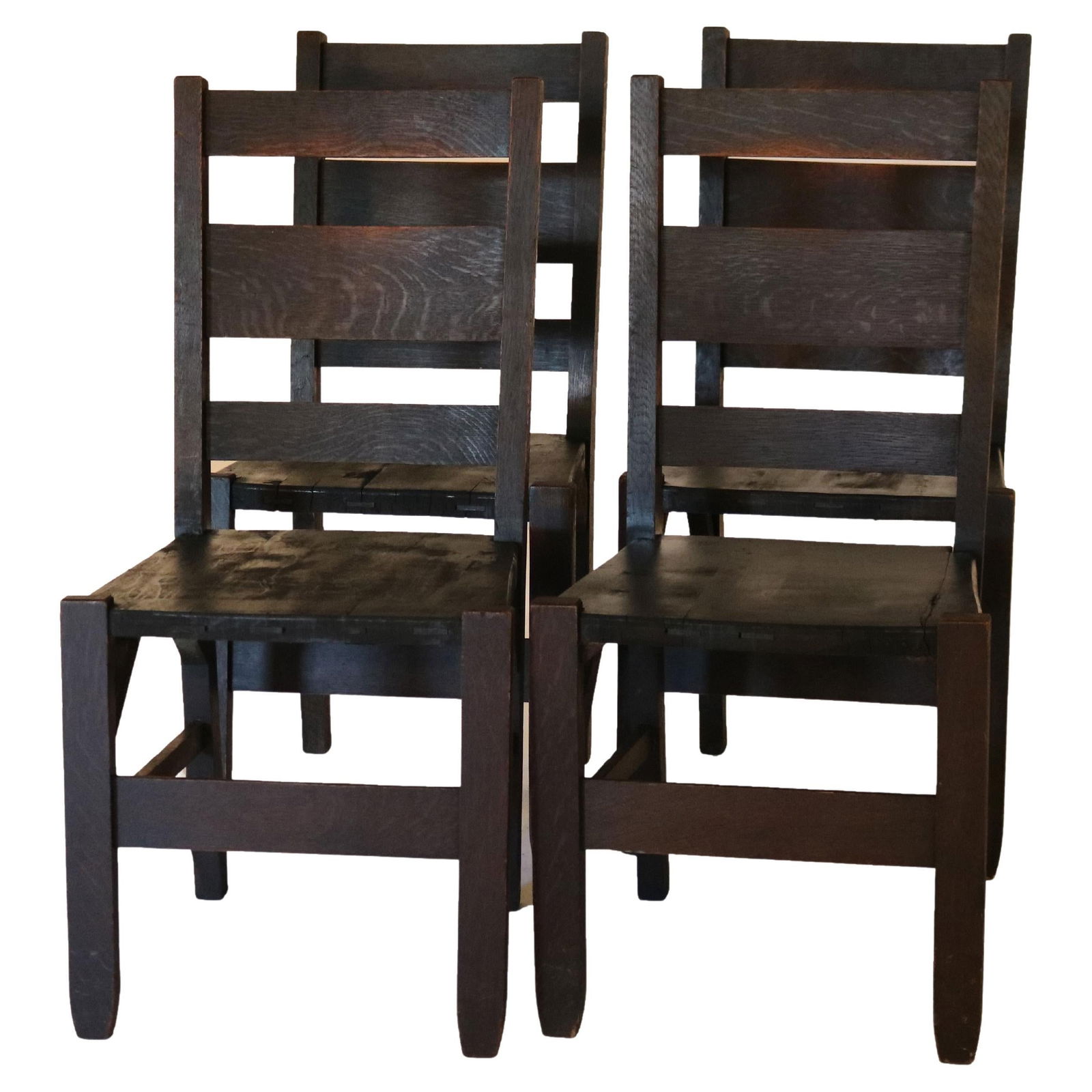 Set of 4 Antique Conant Arts & Crafts Oak Dining Chairs C1920: Set of 4 Antique Conant Arts & Crafts Oak Dining Chairs C1920 This set of four antique dining chairs is crafted in the Arts & Crafts Mission style, attributed to Conant, and dates back to circa 1920.