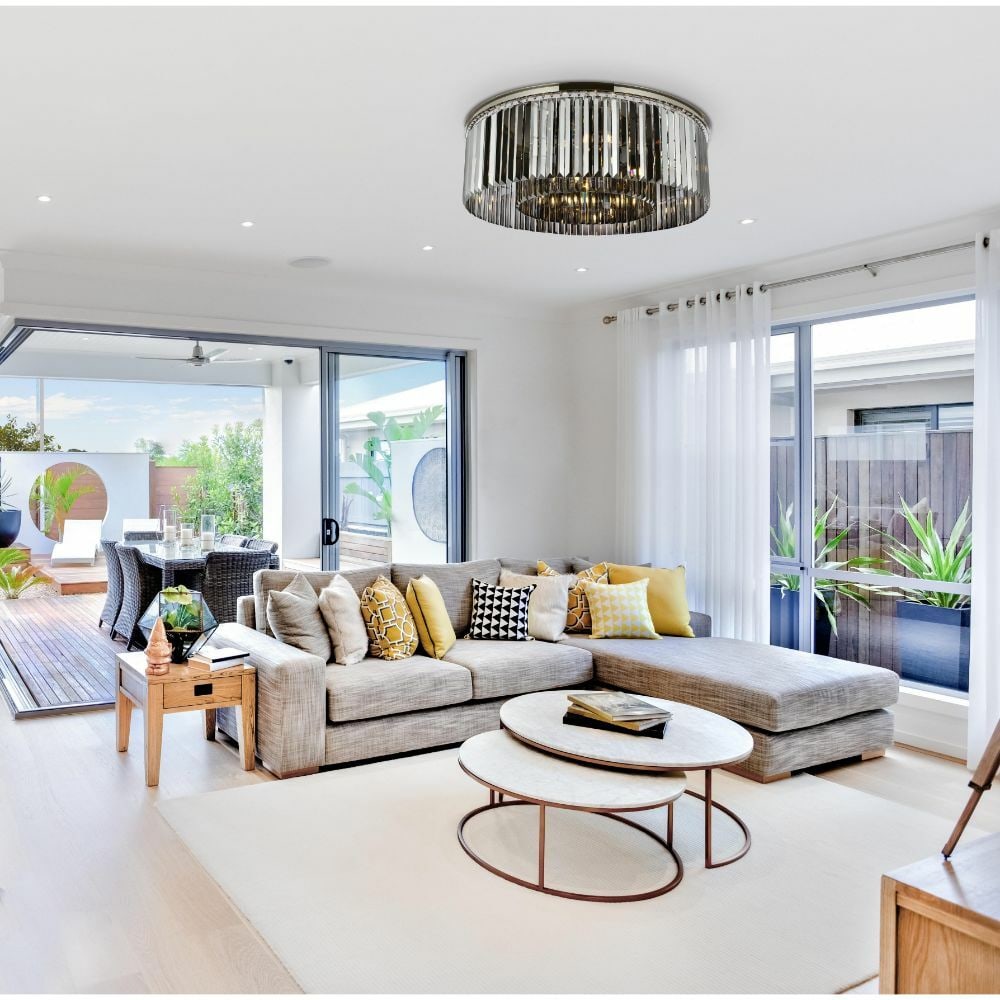 Sydney 10 Light Crystal Flush Mount Chandelier Polished Nickel 43.5 Inch: Sydney 10 Light Crystal Flush Mount Chandelier Polished Nickel 43.5 Inch Elevate your space with this stunning Large Crystal Flush Mount Chandelier featuring a polished nickel finish and exquisite roy