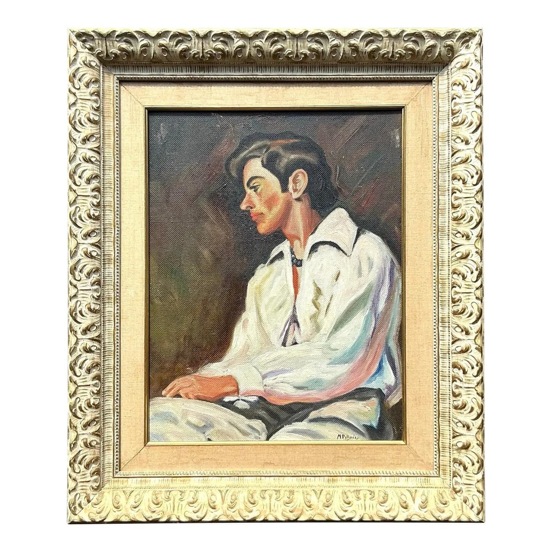 Original Oil Painting of Spanish Man in Ornate Boho Carved Frame: Original Oil Painting of Spanish Man in Ornate Boho Carved Frame This vintage oil portrait features a young man in profile, dressed in a loose white shirt set against a dark, atmospheric background. T