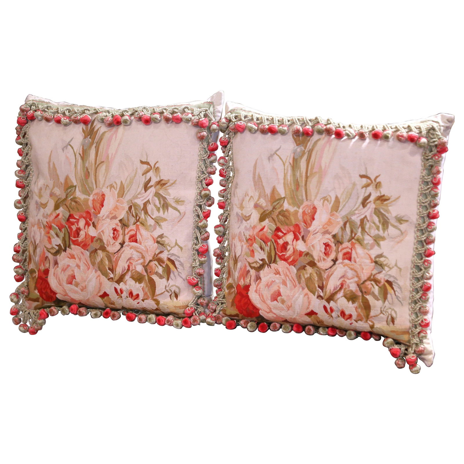 Set of 2 Handcrafted Pillows 19th Century Aubusson Tapestry France: Set of 2 Handcrafted Pillows 19th Century Aubusson Tapestry France Enhance your living space with this exquisite pair of pillows, crafted from 19th-century Aubusson tapestry. Each pillow, measuring 22