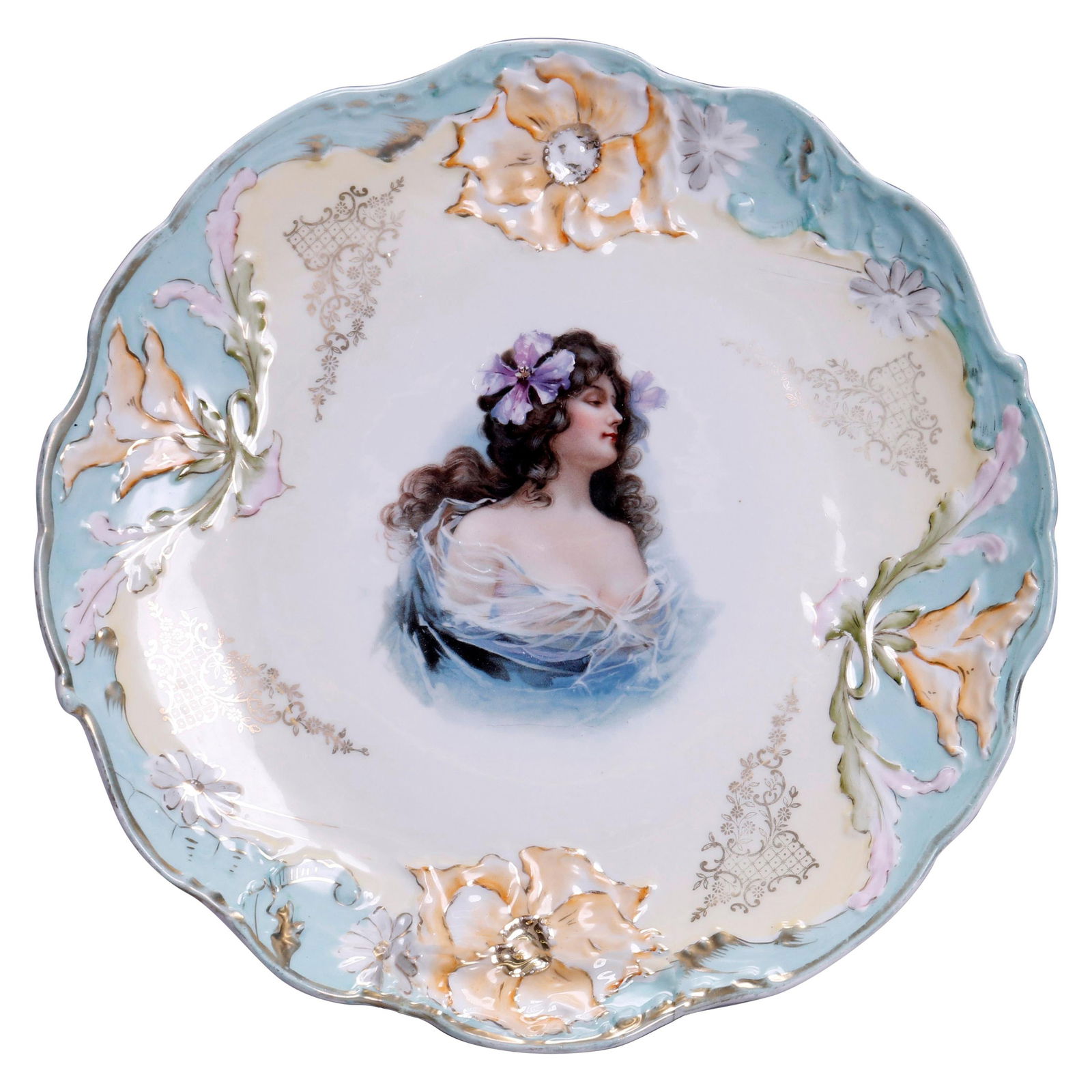 RS Prussia C1900 Hand-Painted Gilt Portrait Plate 12" Diameter (1 of 4)