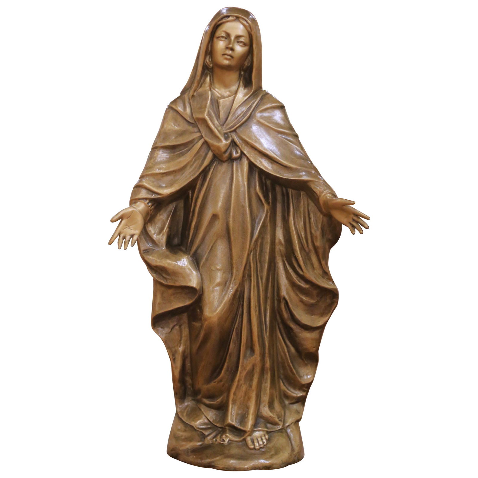 Italian Bronze Virgin Mary Statue Signed Biondan Mid-20th Century: Italian Bronze Virgin Mary Statue Signed Biondan Mid-20th Century This mid-century Italian sculpture, created circa 1950, presents the Virgin Mary in a serene, open-armed pose. Cast in solid bronze wi