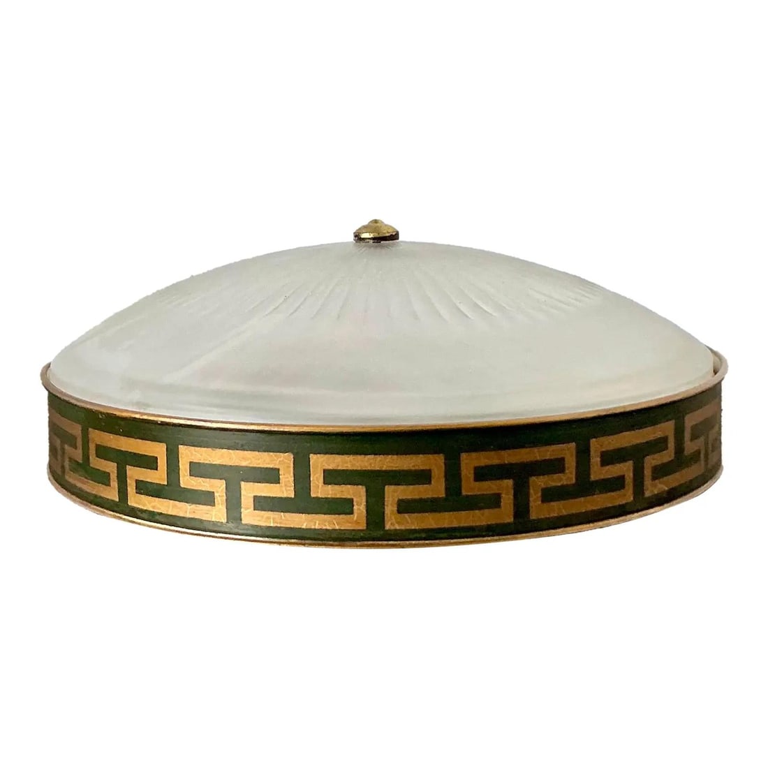 Regency Style Greek Key Forest Green Flush Mount Ceiling Light with Sunburst Glass: Regency Style Greek Key Forest Green Flush Mount Ceiling Light with Sunburst Glass This vintage Regency-style flush mount ceiling light by Vaughan features a cylindrical metal rim with a forest green