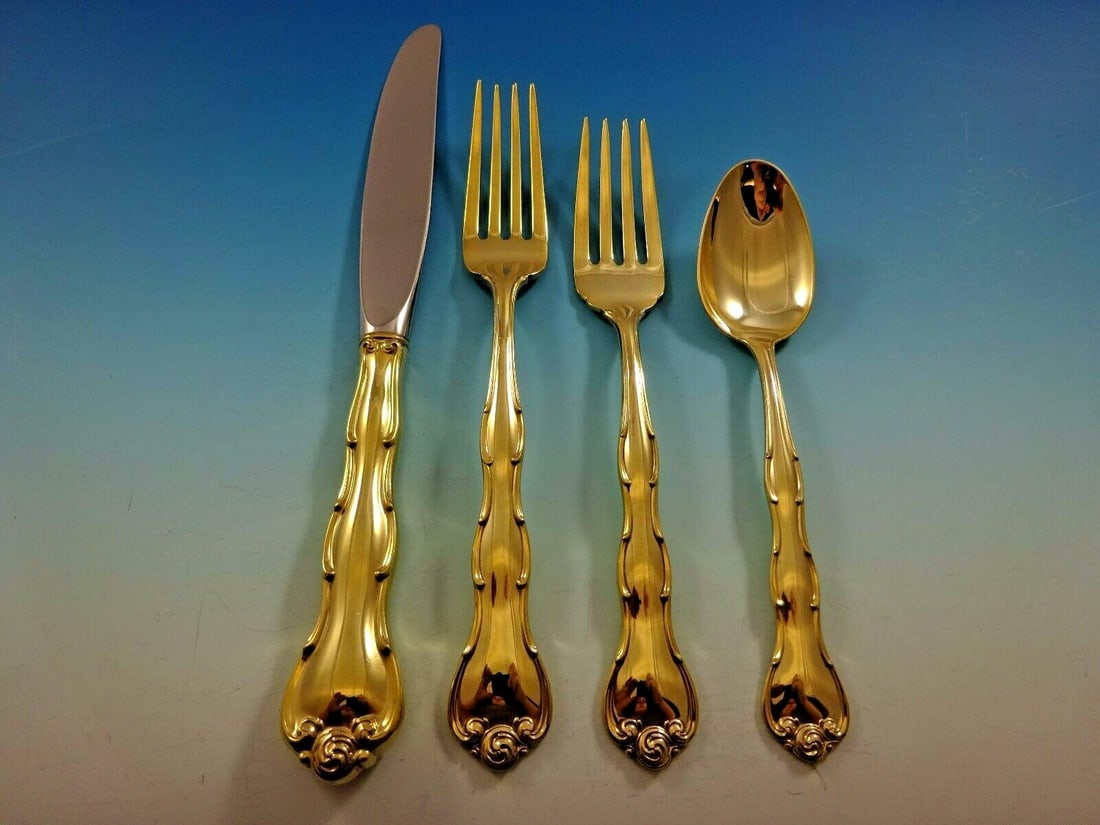 Gorham Rondo Vermeil Sterling Silver 4-Piece Place Setting Gold Finish: Gorham Rondo Vermeil Sterling Silver 4-Piece Place Setting Gold Finish Elevate your dining experience with this exquisite 4-piece place setting in the Rondo vermeil pattern by Gorham. Crafted from ste