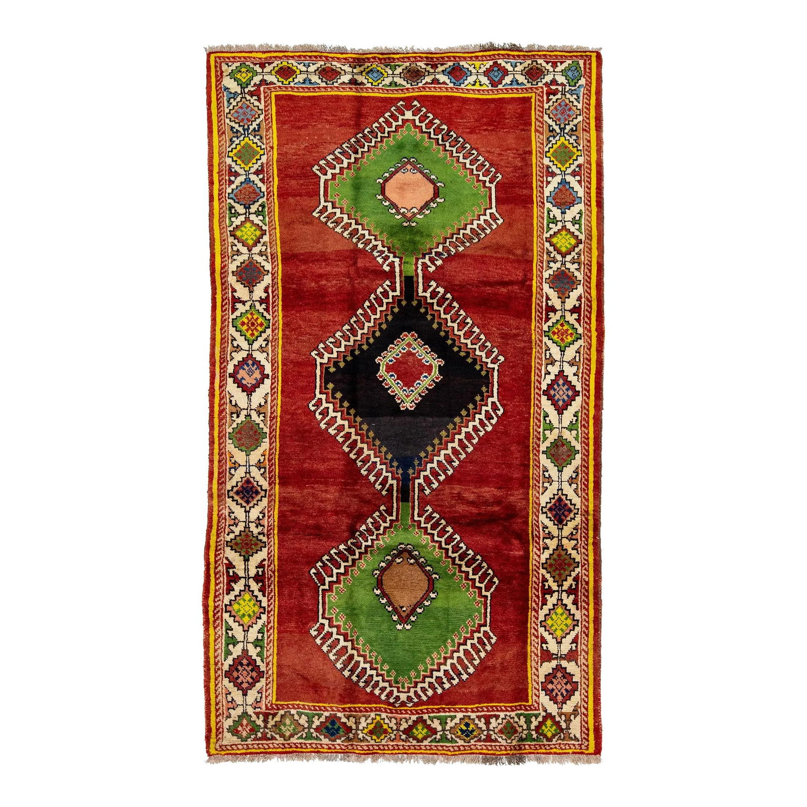 Vintage Handmade Red Wool Shiraz Tribal Design Rug 4'3" x 7'7": Vintage Handmade Red Wool Shiraz Tribal Design Rug 4'3" x 7'7" Enhance your living space with this stunning vintage handmade Shiraz wool rug, featuring a vibrant red field beautifully complemented by