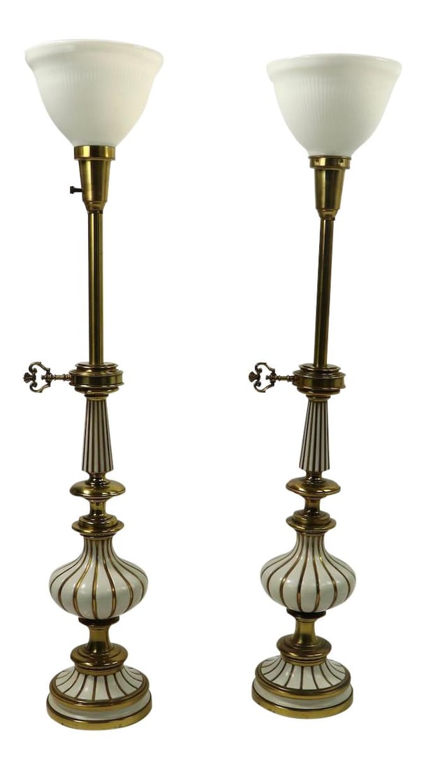 Stiffel Hollywood Regency Table Lamps Pair White Enamel Faux Brass: Stiffel Hollywood Regency Table Lamps Pair White Enamel Faux Brass This glamorous pair of elongated table lamps by Stiffel showcases a striking Hollywood Regency style with Italianate influences. The