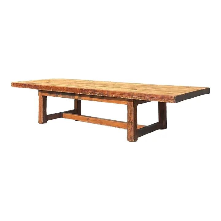 Industrial Boho Plank Dining Table with Casters Large Vintage Wood Piece: Industrial Boho Plank Dining Table with Casters Large Vintage Wood Piece This vintage monumental plank dining table combines Boho and Industrial styles with its robust, aged wood plank construction an