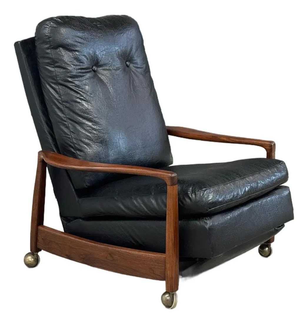 1950s Milo Baughman Walnut Recliner Lounge Chair Black Vinyl (1 of 9)