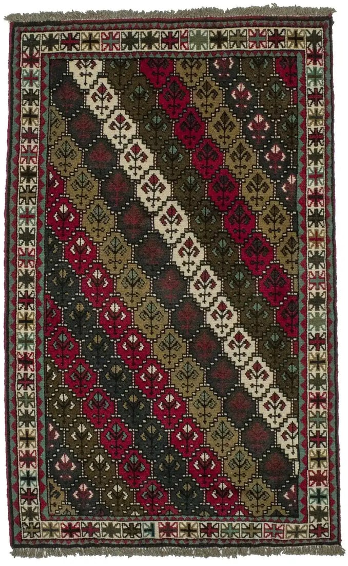 Hand-Knotted Red Wool Tribal Area Rug 4'0 x 6'7 Vintage Geometric Design: Hand-Knotted Red Wool Tribal Area Rug 4'0 x 6'7 Vintage Geometric Design This handmade area rug features a vintage tribal oriental design with a striking red, black, tan, cream, and green color palett