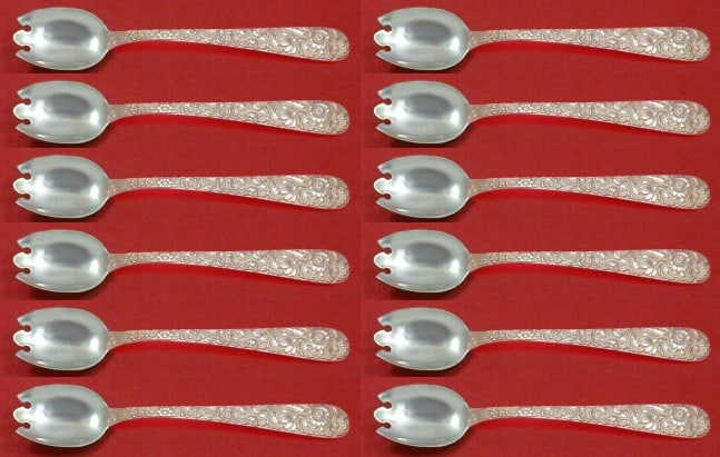 Kirk Repousse Sterling Silver Custom Ice Cream Forks Set 12pc: Kirk Repousse Sterling Silver Custom Ice Cream Forks Set 12pc Elevate your dessert experience with this exquisite 12-piece set of ice cream dessert forks, crafted in the classic Repousse pattern by Ki