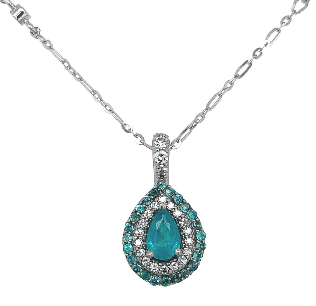 14k White Gold Teardrop Paraiba Tourmaline Diamond Pendant with Certification (1 of 10)