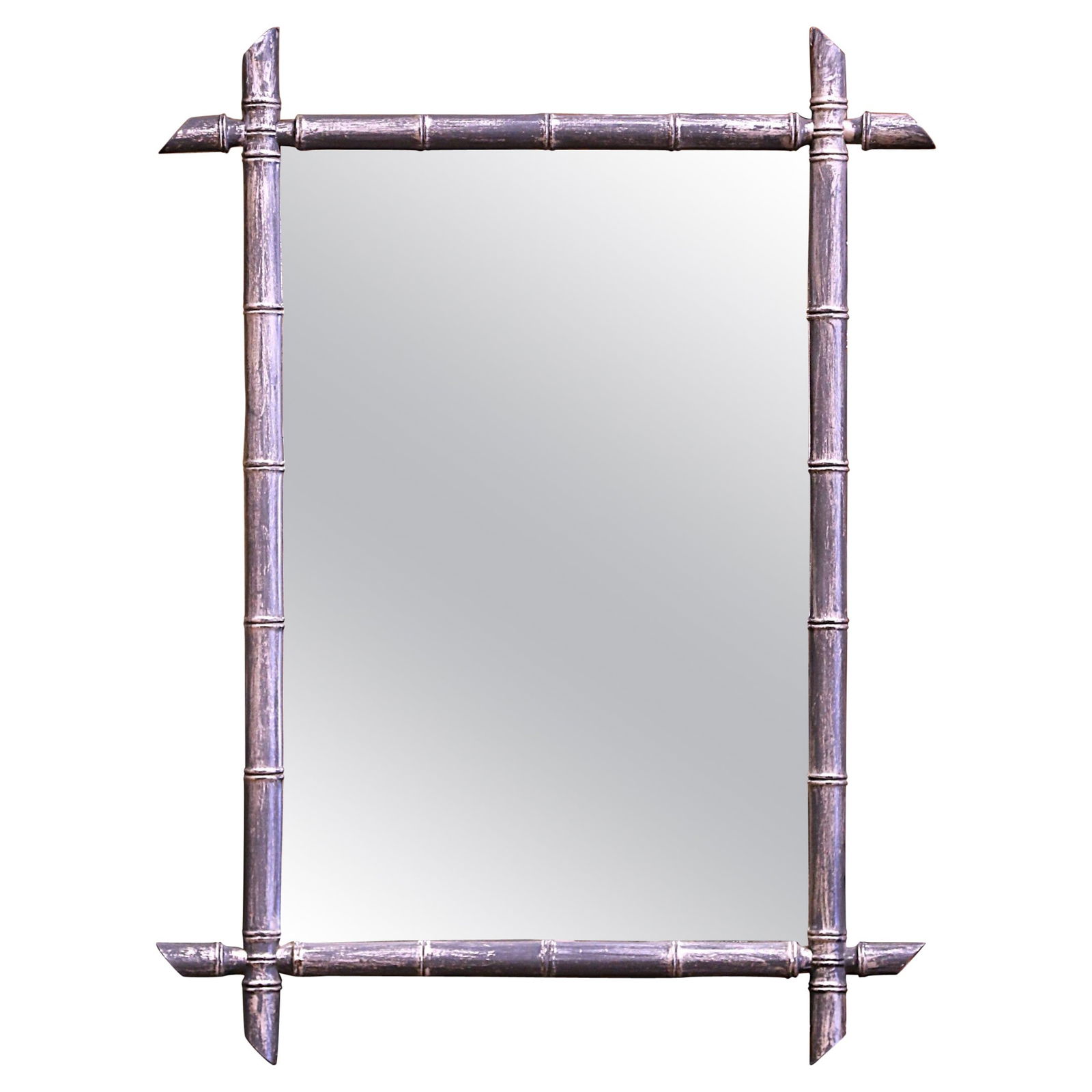 Antique French Hand Carved Silvered Faux Bamboo Wall Mirror 1920: Antique French Hand Carved Silvered Faux Bamboo Wall Mirror 1920 This exquisite Early 20th Century French wall mirror showcases a stunning hand-carved faux bamboo design, painted in a rich silvered fi