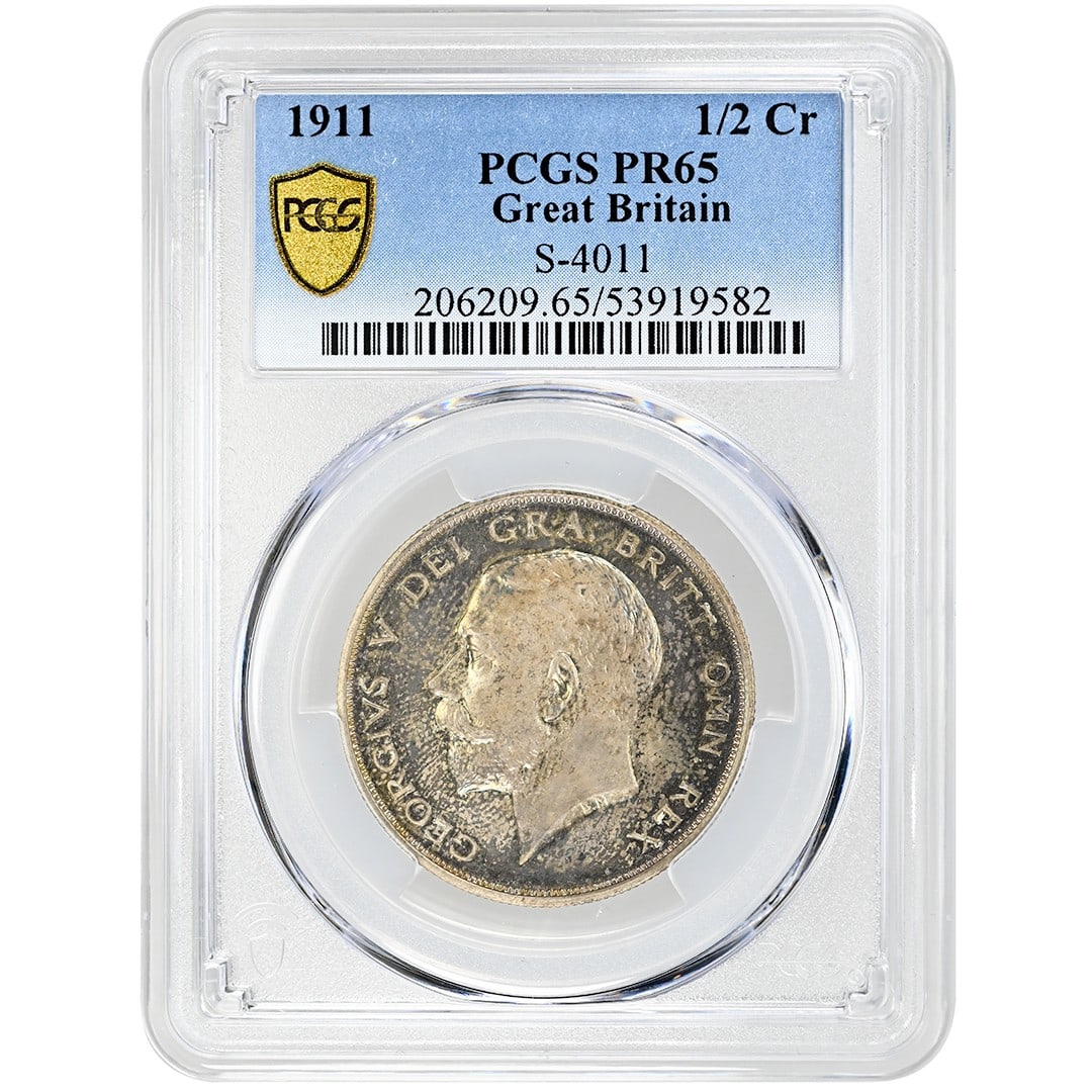 1911 Silver Half Crown George V PCGS PR65 Rare British Coin: 1911 Silver Half Crown George V PCGS PR65 Rare British Coin This 1911 half crown coin from the United Kingdom features King George V and is certified by PCGS with a grade of PR65. The coin is uncircul