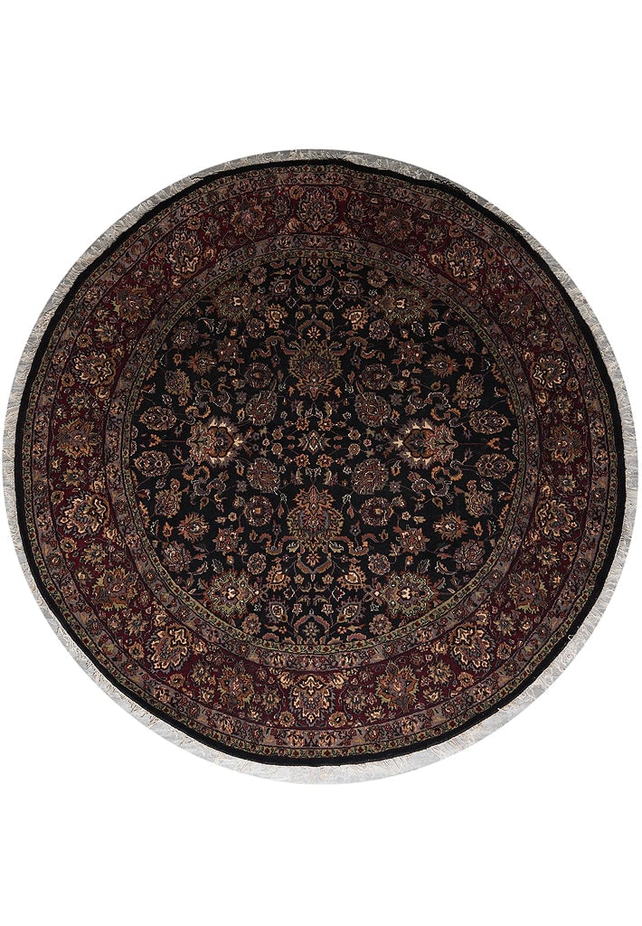 8 x 8 Round Hand-Knotted Wool Jaipur Rug Black Traditional Indian Design: 8 x 8 Round Hand-Knotted Wool Jaipur Rug Black Traditional Indian Design Free continental US Shipping This 8 x 8 foot round Jaipur rug is hand-knotted in India using dense, high-quality wool. It featu