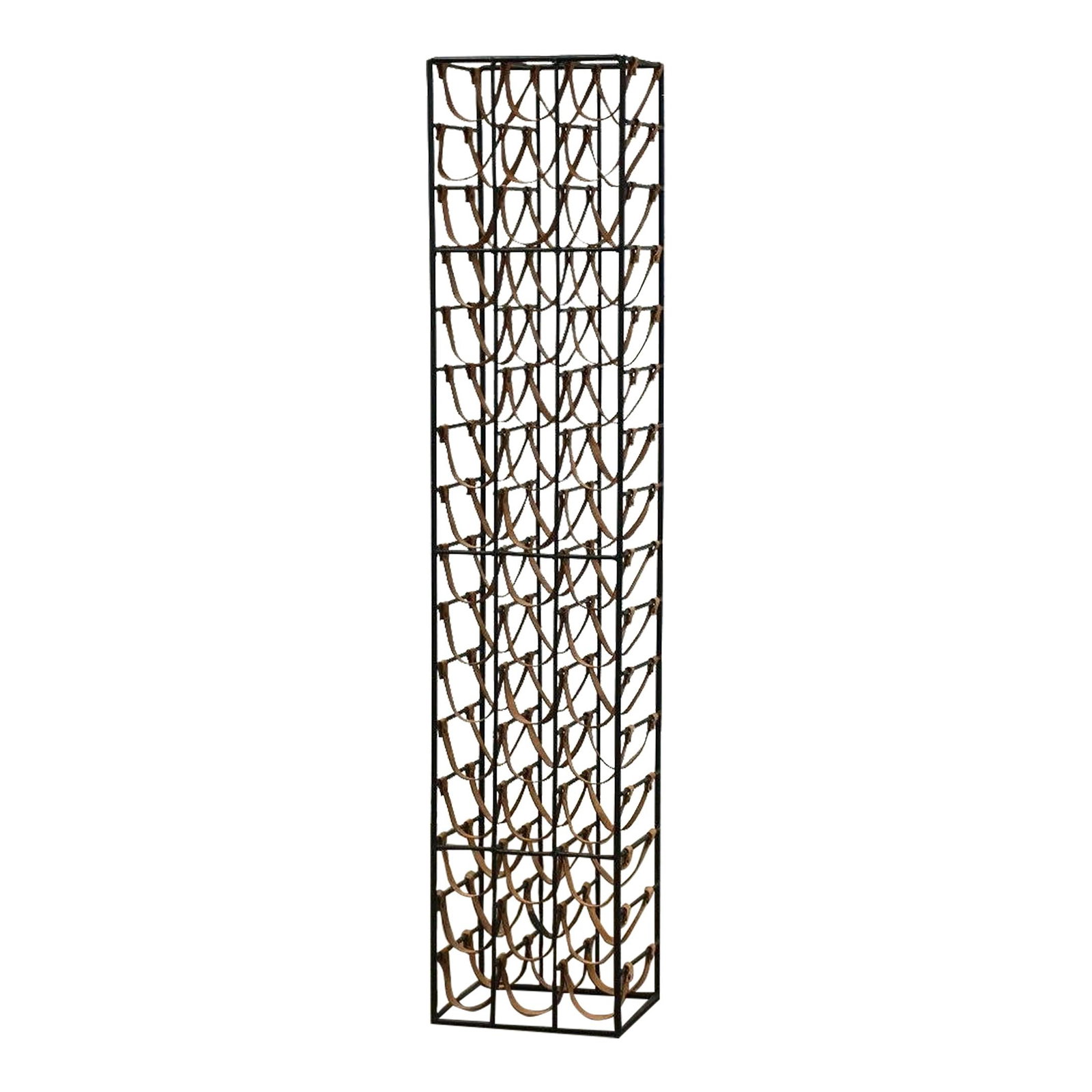 Vintage 1970s Arthur Umanoff 48 Bottle Iron Wine Rack: Vintage 1970s Arthur Umanoff 48 Bottle Iron Wine Rack This stunning mid-century modern wine rack, designed by Arthur Umanoff, features a robust iron frame complemented by elegant leather straps that s