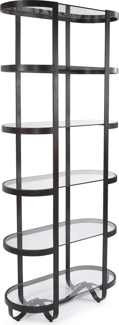 Howard Elliott Graphite Oval Etagere with Gold Accents: Howard Elliott Graphite Oval Etagere with Gold Accents Introducing the Majestic Graphite Etagere, a stunning piece that combines antique or vintage style with modern functionality. Crafted with a slee