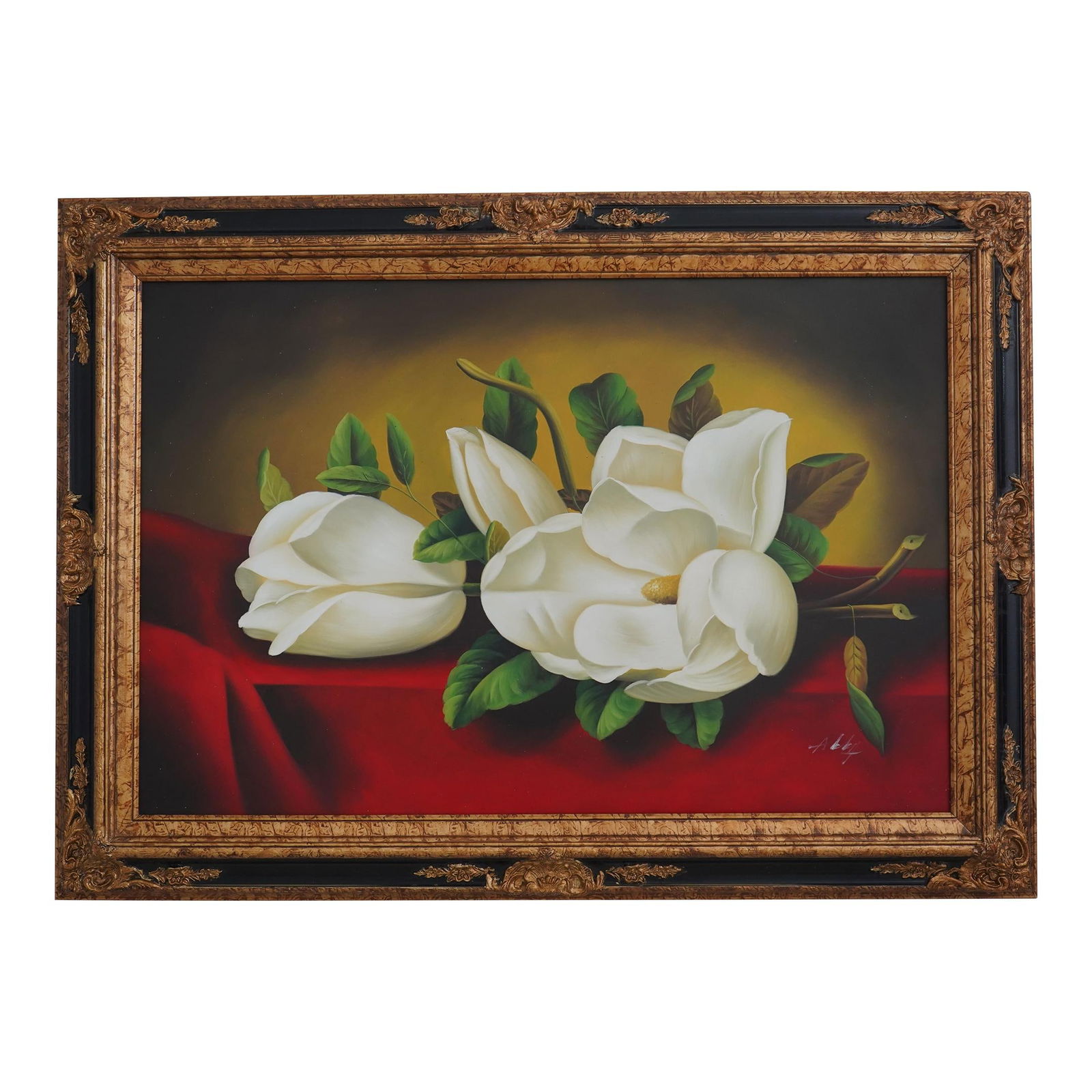 Artist Signed Magnolia Flowers Oil Painting Black Gold Frame: Artist Signed Magnolia Flowers Oil Painting Black Gold Frame This stunning oil painting features a still life of vibrant magnolia flowers, showcasing bright and lively colors that bring beauty to any
