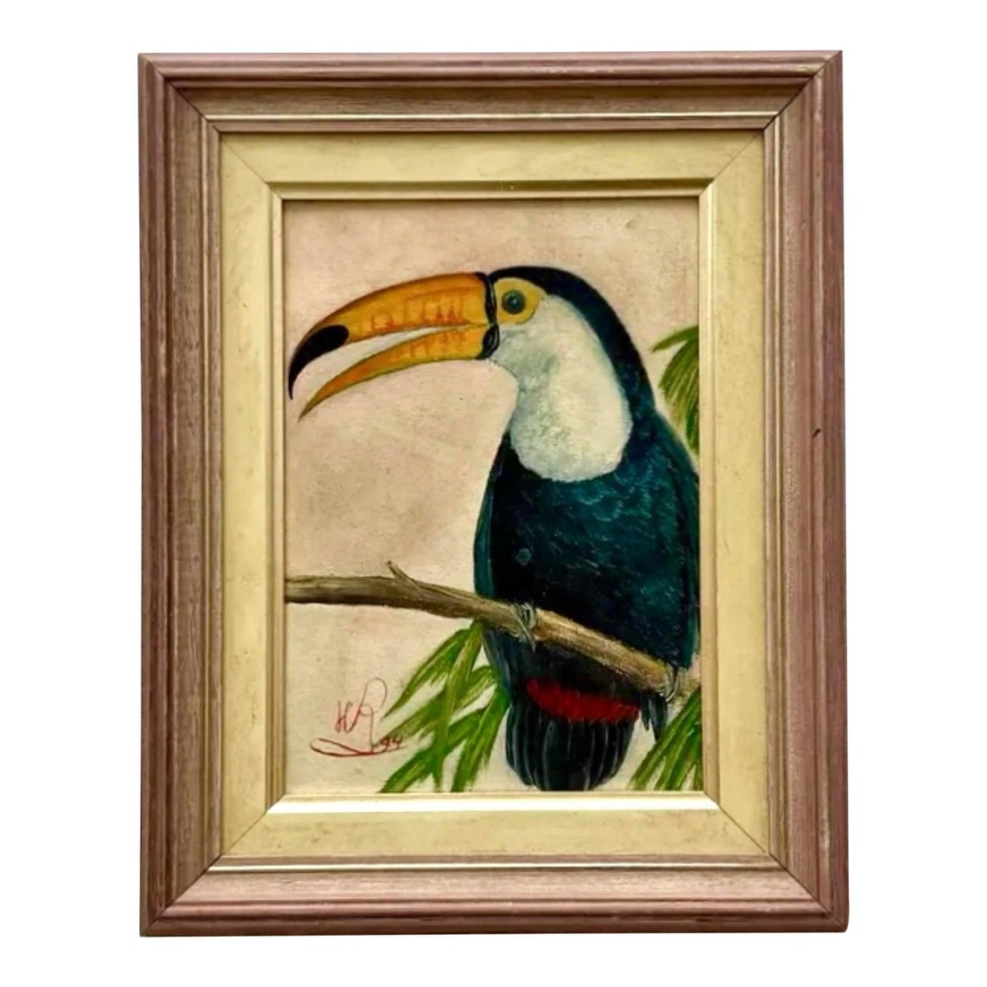 Tropical Toucan Artwork on Canvas With Palm Fronds Bohemian Style: Tropical Toucan Artwork on Canvas With Palm Fronds Bohemian Style This vintage boho painting features a toucan perched on a slender branch, highlighted by its vivid yellow-orange beak and sleek black