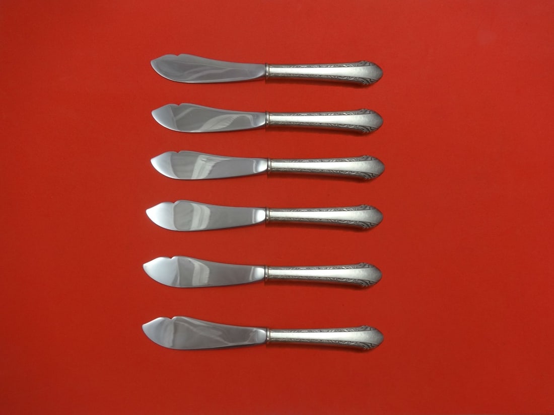 Alvin Chased Romantique Sterling Silver 6pc Trout Knife Set 7.5": Alvin Chased Romantique Sterling Silver 6pc Trout Knife Set 7.5" This exquisite 6-piece trout knife set is a stunning example of the Chased Romantique pattern by Alvin, crafted in post-1940. Each knif